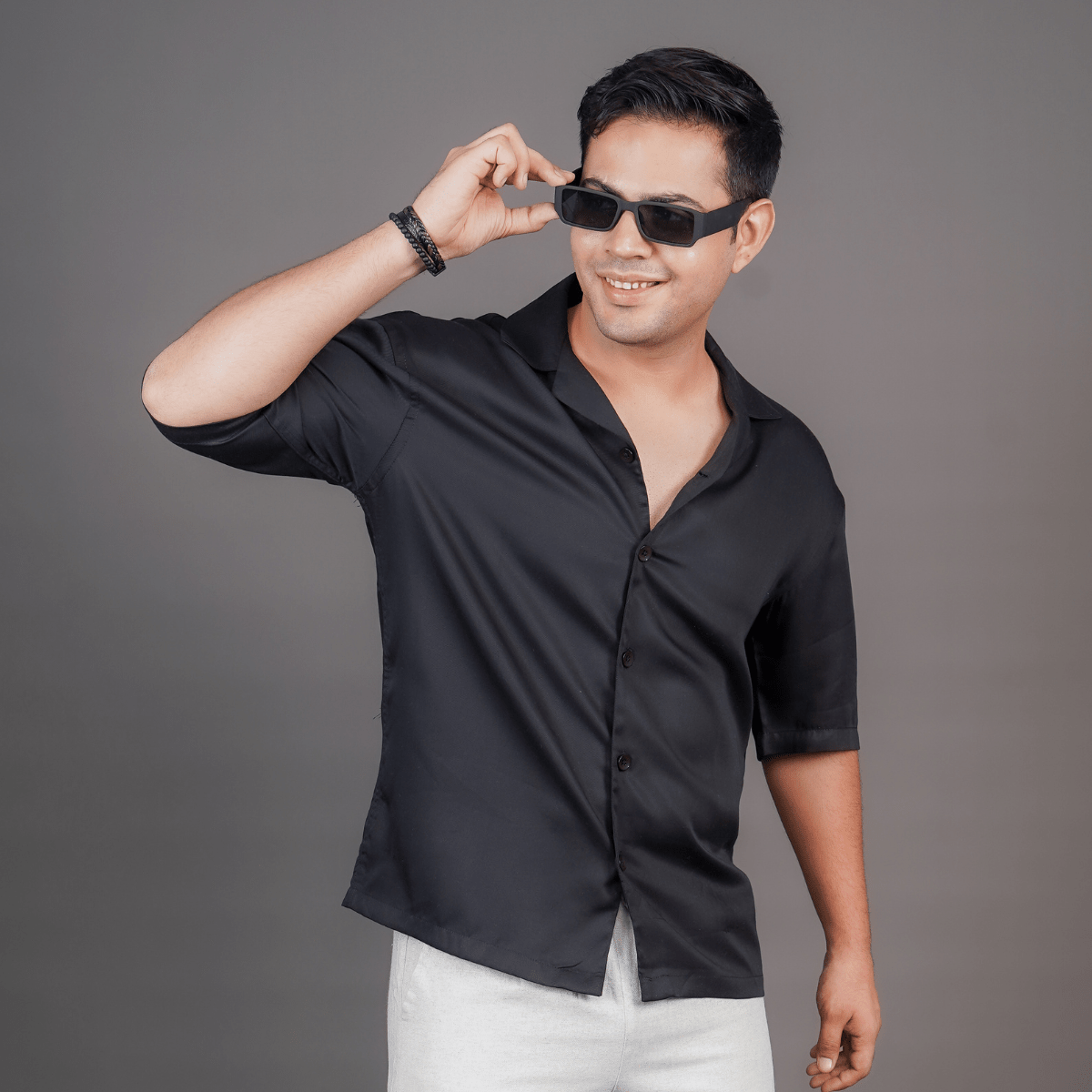 Black Relaxed Fit Tencel Cuban Collar Shirt – Men Shirt on Brown Living™. SKU: DS1055_S. Img 2.