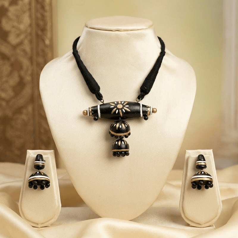 Black Traditional Pendant Necklace Set With Earrings – Womens Jewelry Sets on Brown Living™. SKU: KOTT-T011. Img 2.