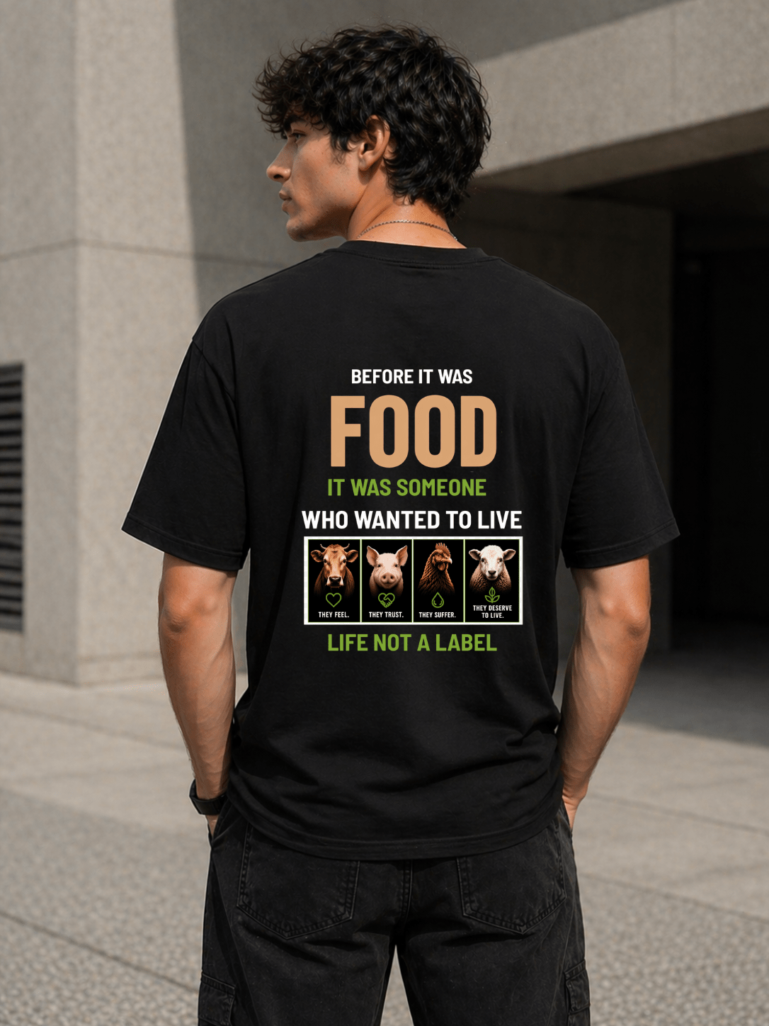 Black Unisex Cotton T-Shirt | Regular Fit Graphic Tee With Back Print – Mens T-Shirt on Brown Living™. SKU: beforeitwasfooditwassomeoneBlackS. Img 1.