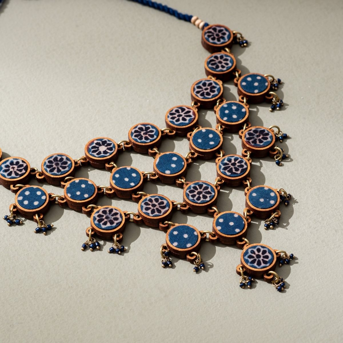 Blue Ajrakh Repurposed Fabric & Wood Statement Necklace Earrings Set – Womens Earrings on Brown Living™. SKU: JCC021. Img 5.