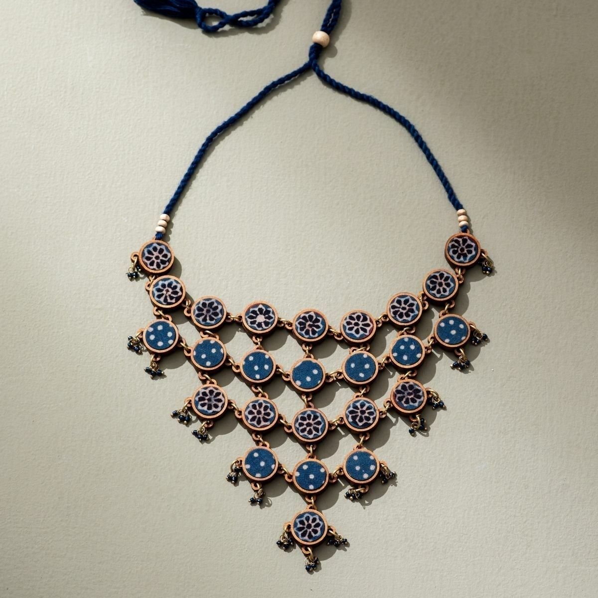 Blue Ajrakh Repurposed Fabric & Wood Statement Necklace Earrings Set – Womens Earrings on Brown Living™. SKU: JCC021. Img 4.