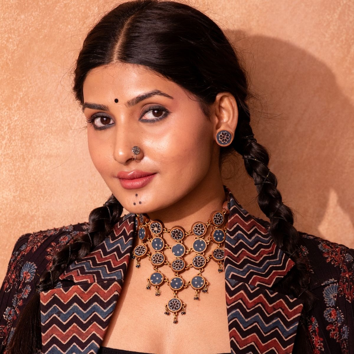 Blue Ajrakh Repurposed Fabric & Wood Statement Necklace Earrings Set – Womens Earrings on Brown Living™. SKU: JCC021. Img 1.