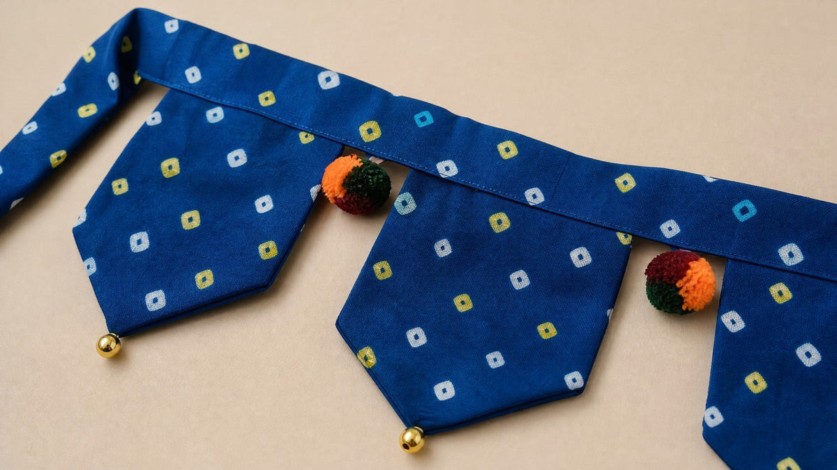 Blue Fabric Bandhani Toran | Traditional Door Hanging – Home Decor on Brown Living™. SKU: KB002. Img 2.