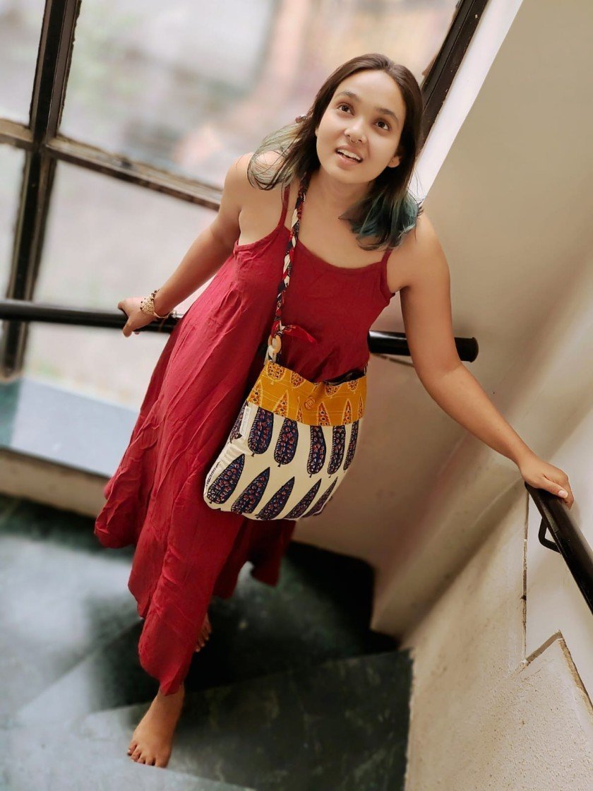 Blue & Off - white Hand Block Printed Braided Ethnic Sling Bags – Tote Bag on Brown Living™. SKU: 076 - 16634 - AS - BPBG - 0024028. Img 4.