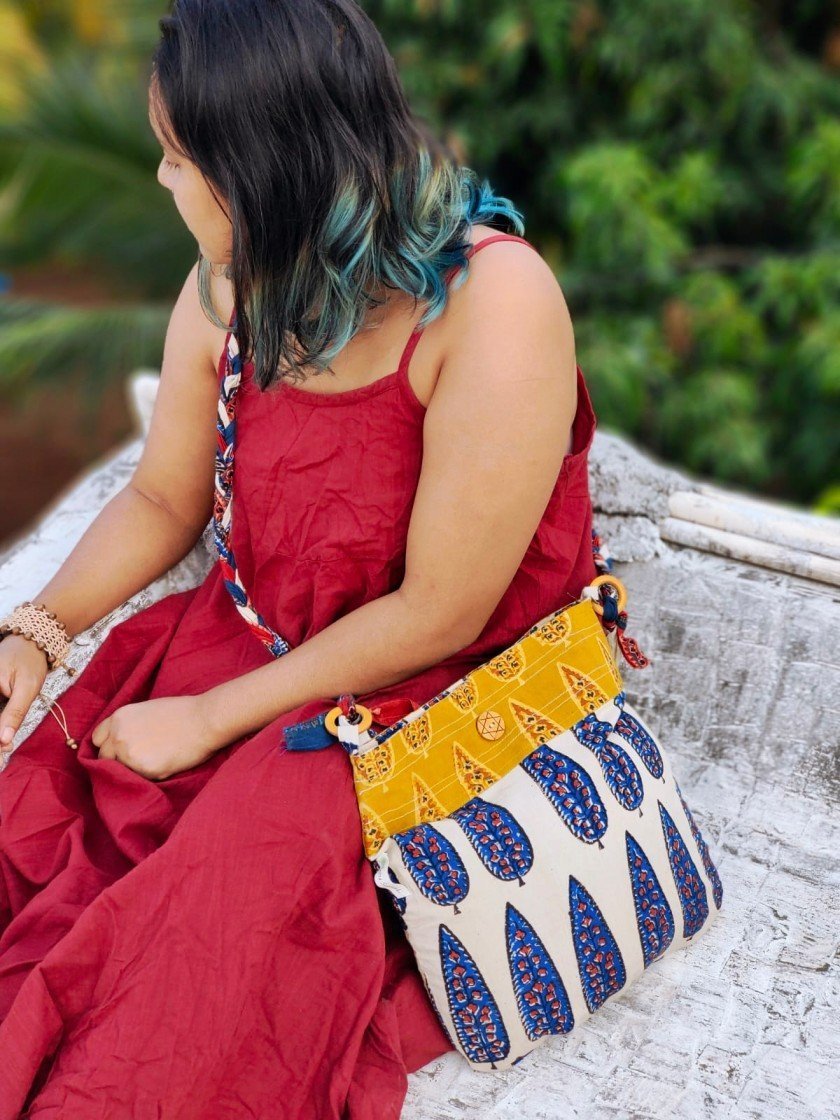 Blue & Off - white Hand Block Printed Braided Ethnic Sling Bags – Tote Bag on Brown Living™. SKU: 076 - 16634 - AS - BPBG - 0024028. Img 1.