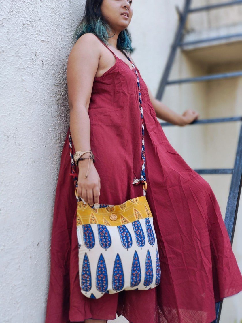 Blue & Off - white Hand Block Printed Braided Ethnic Sling Bags – Tote Bag on Brown Living™. SKU: 076 - 16634 - AS - BPBG - 0024028. Img 3.