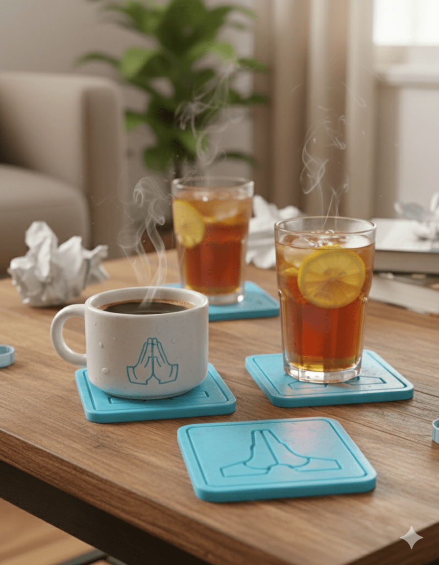 Blue Upcycled Coasters Set of 4 – Made from Recycled Plastic Waste – Table Decor on Brown Living™. SKU: UC003. Img 2.