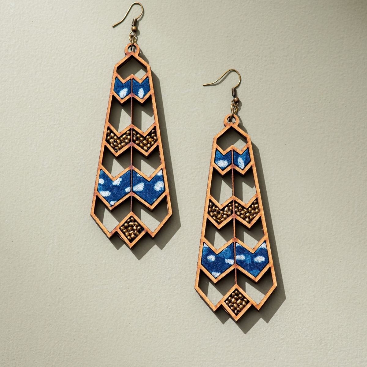 Blue Wave Kalamkari Repurposed Fabric & Wood Necklace Earrings Set – Womens Earrings on Brown Living™. SKU: JCC022. Img 5.