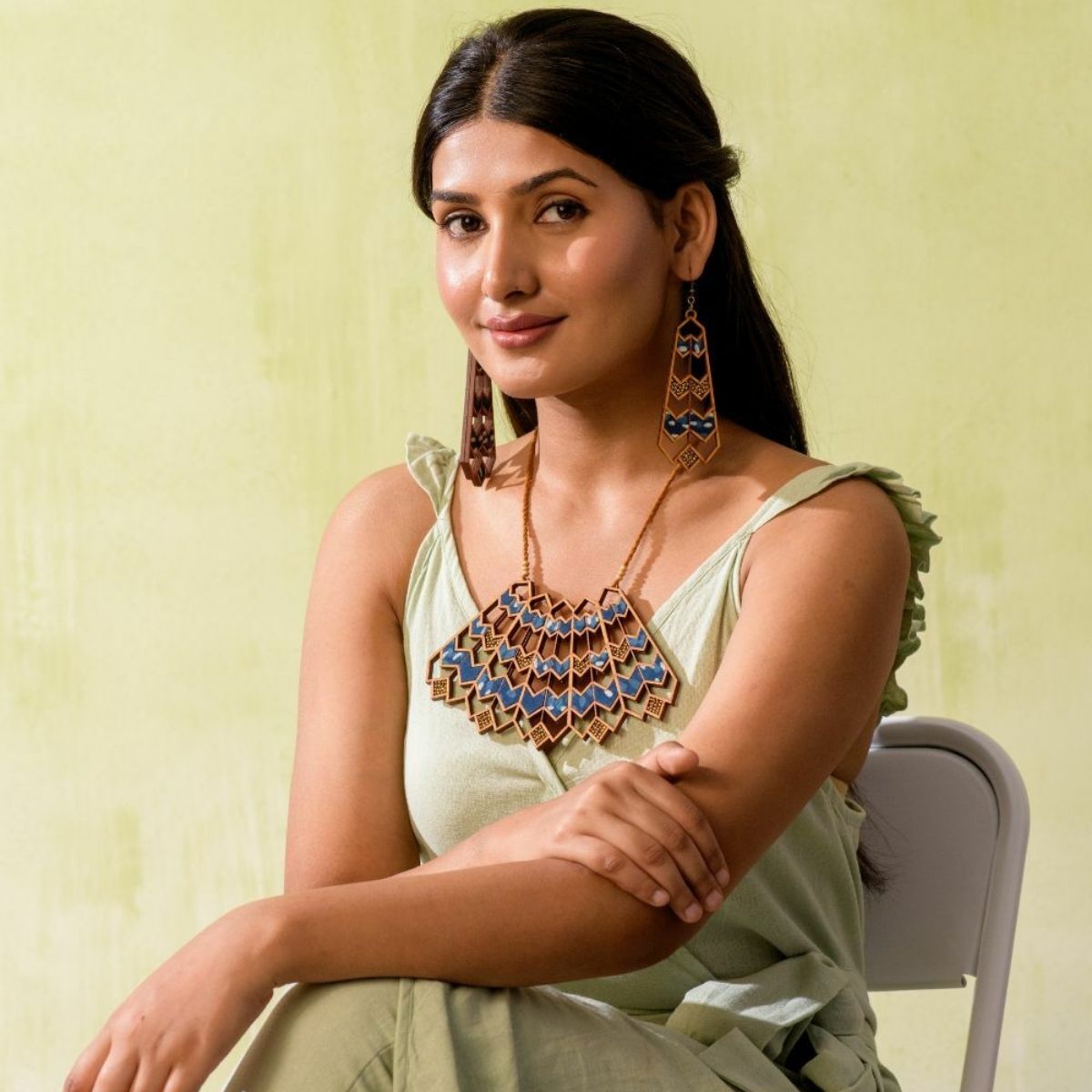 Blue Wave Kalamkari Repurposed Fabric & Wood Necklace Earrings Set – Womens Earrings on Brown Living™. SKU: JCC022. Img 1.