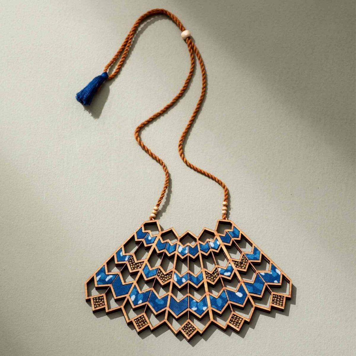 Blue Wave Kalamkari Repurposed Fabric & Wood Necklace Earrings Set – Womens Earrings on Brown Living™. SKU: JCC022. Img 3.