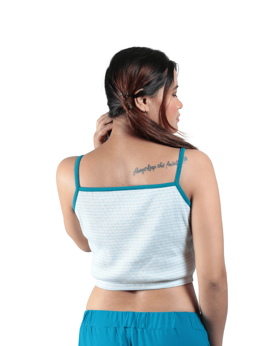 Bluebells Striped Spaghetti Cotton Crop Top – Womens Top on Brown Living™. SKU: 007CROPBLUEWHITEXS. Img 4.