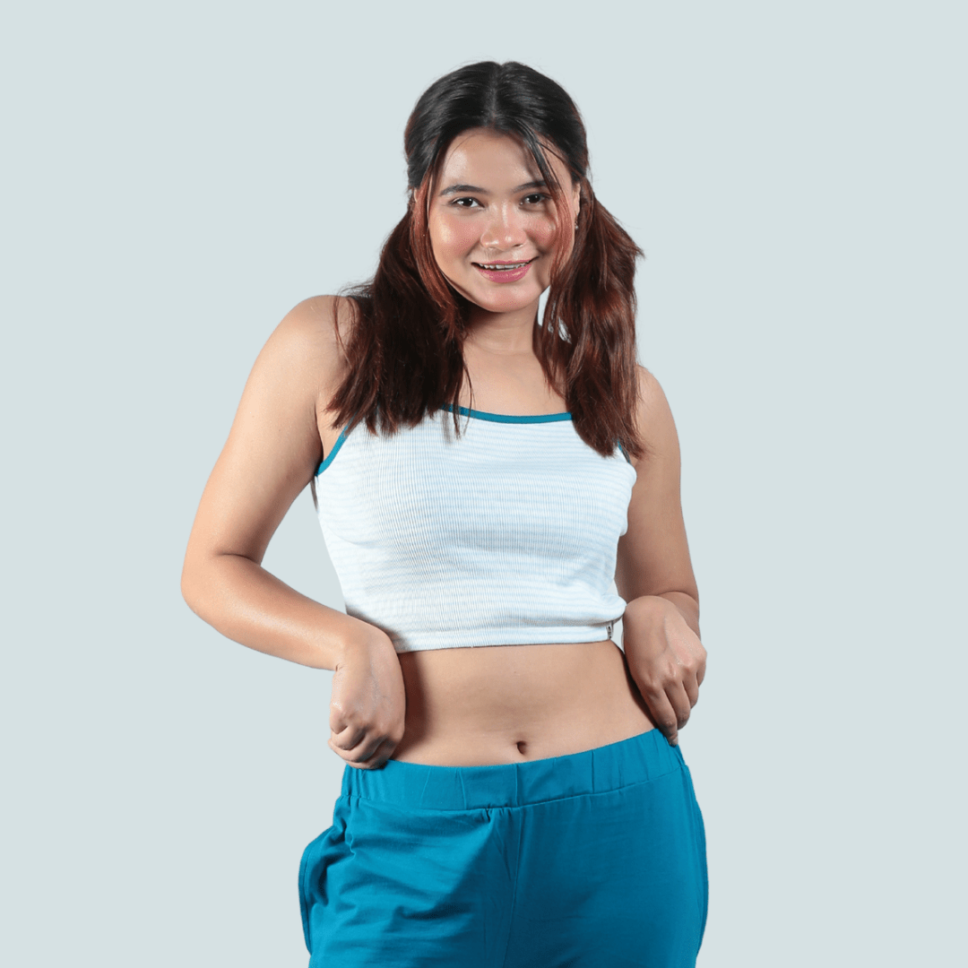 Bluebells Striped Spaghetti Cotton Crop Top – Womens Top on Brown Living™. SKU: 007CROPBLUEWHITEXS. Img 1.