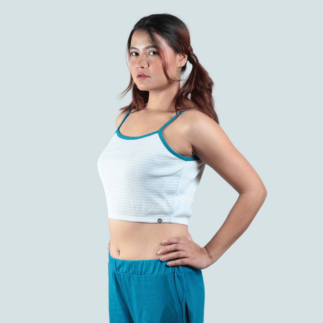 Bluebells Striped Spaghetti Cotton Crop Top – Womens Top on Brown Living™. SKU: 007CROPBLUEWHITEXS. Img 4.