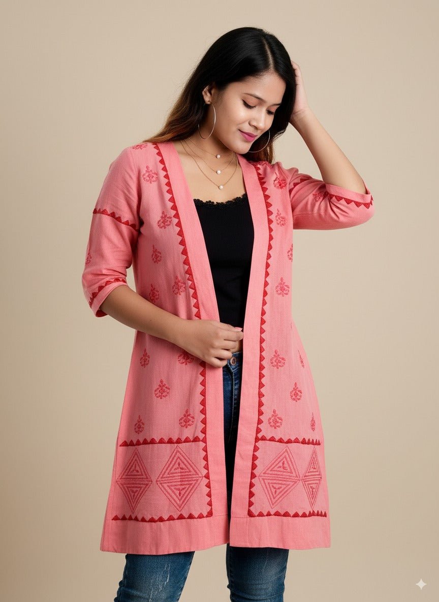 Blush Bloom Chikankari Cape for Women – Hand - Embroidered Layering Cape – Womens Jacket on Brown Living™. SKU: J02008. Img 1.