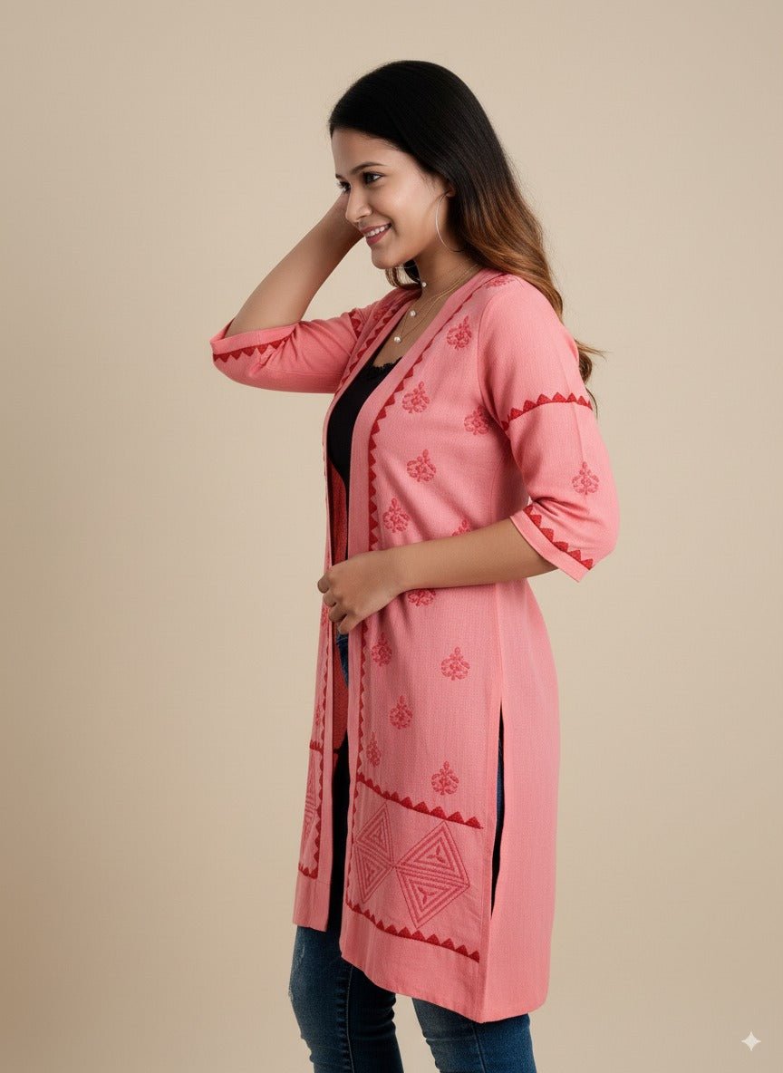Blush Bloom Chikankari Cape for Women – Hand - Embroidered Layering Cape – Womens Jacket on Brown Living™. SKU: J02008. Img 2.