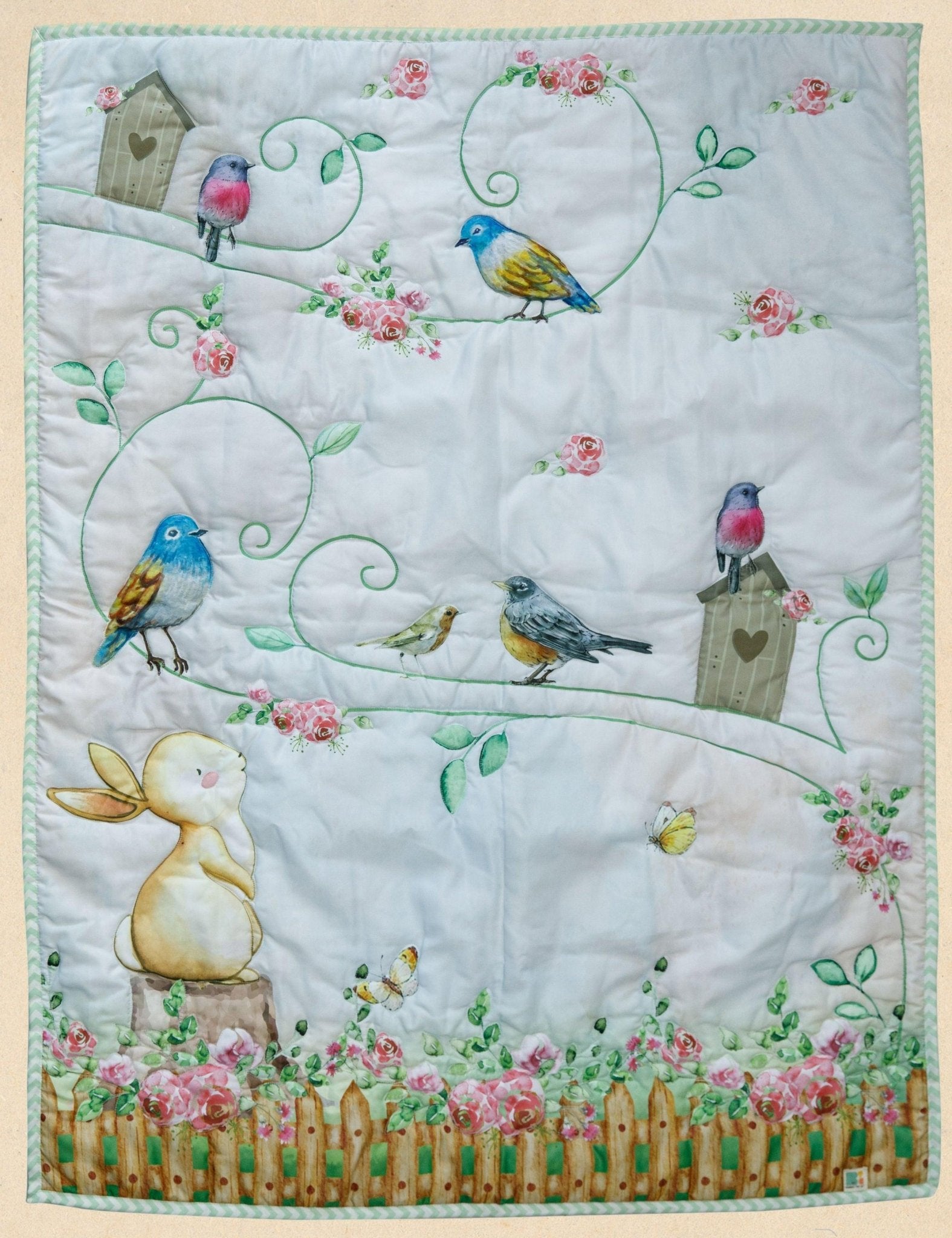 Bouncing Bunny And Birds Quilt Soft Kids Bedding – Play Mats on Brown Living™. SKU: QLTBIRDS. Img 1.