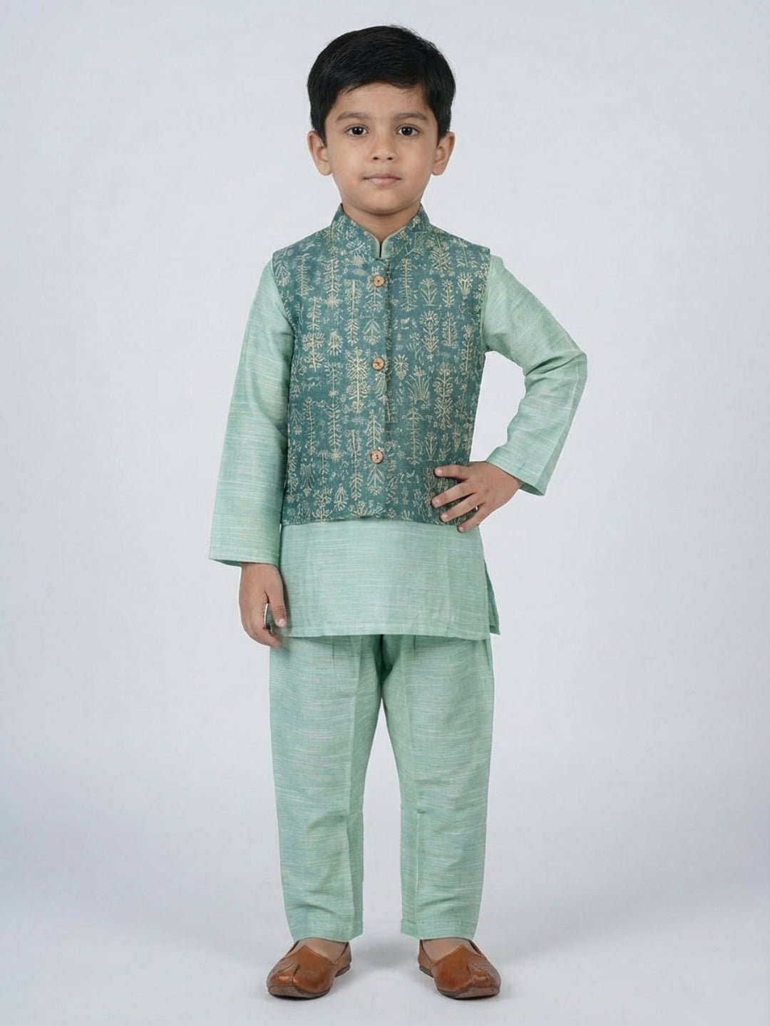 Boys Cotton Printed Kurta Pyjama Set With Jacket – Kids Ethnic Sets on Brown Living™. SKU: BLP-KRS-02260. Img 1.