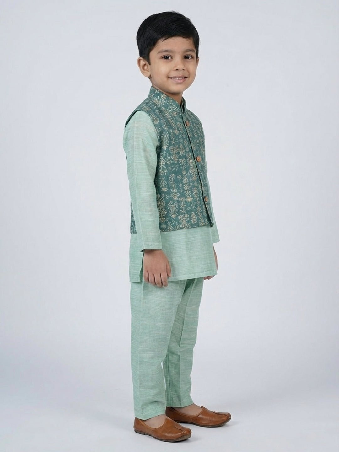 Boys Cotton Printed Kurta Pyjama Set With Jacket – Kids Ethnic Sets on Brown Living™. SKU: BLP-KRS-02260. Img 2.
