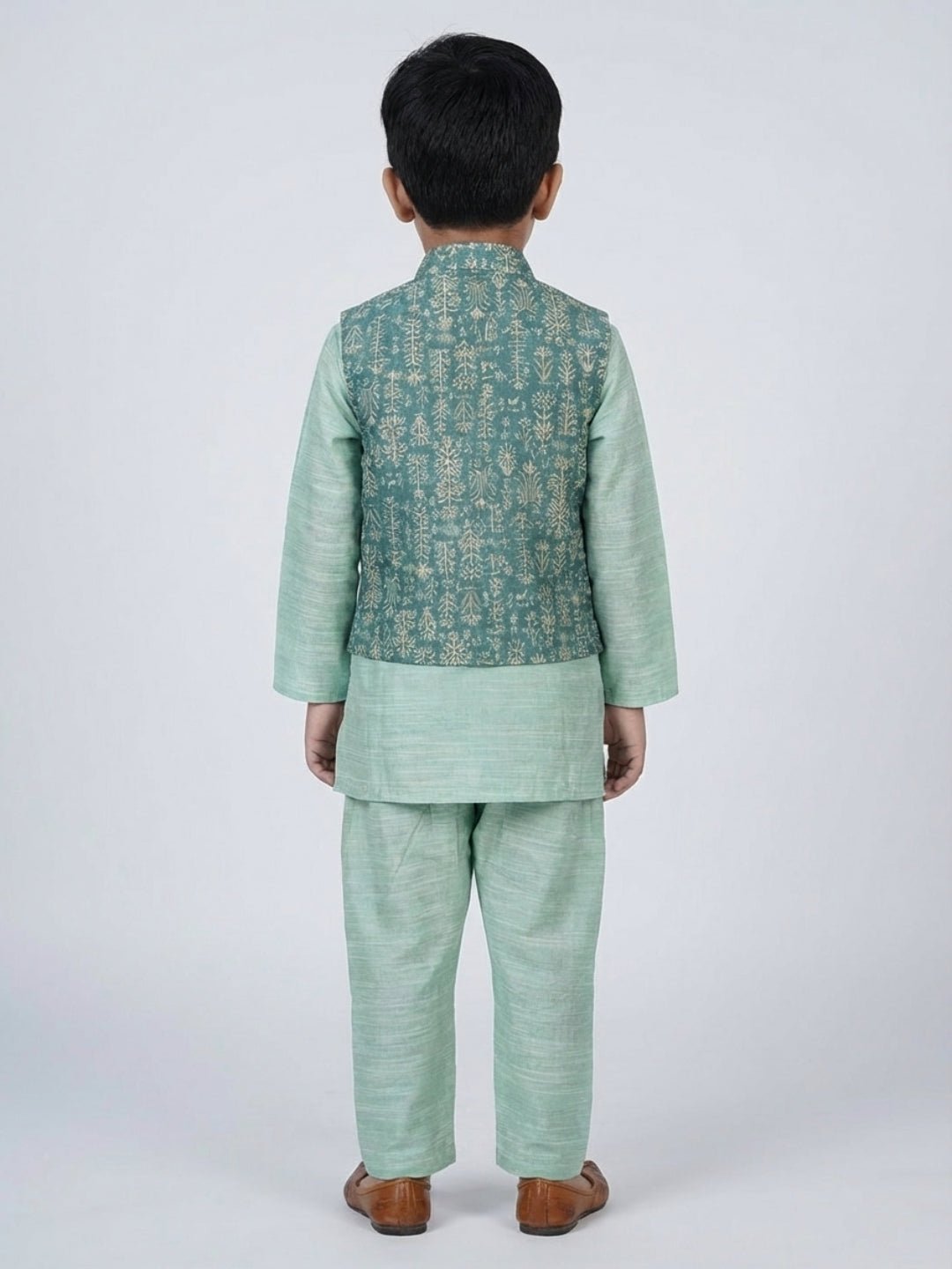 Boys Cotton Printed Kurta Pyjama Set With Jacket – Kids Ethnic Sets on Brown Living™. SKU: BLP-KRS-02260. Img 3.