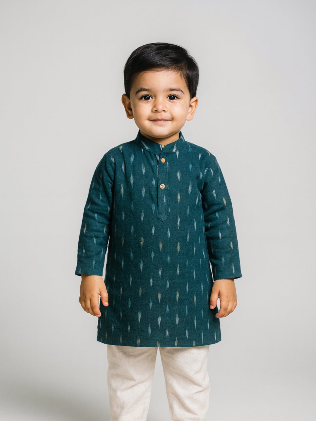 Boys Green Printed Mandarin Collar Full Sleeves Kurta Set (6–18M) – Kids Ethnic Sets on Brown Living™. SKU: BLP-KPF-GR_6-12M. Img 1.