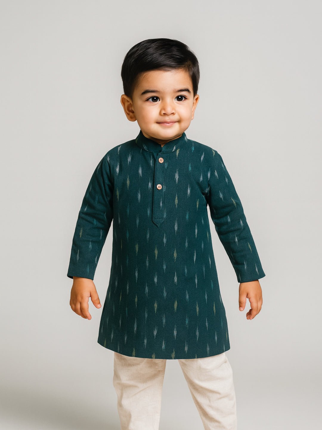 Boys Green Printed Mandarin Collar Full Sleeves Kurta Set (6–18M) – Kids Ethnic Sets on Brown Living™. SKU: BLP-KPF-GR_6-12M. Img 2.