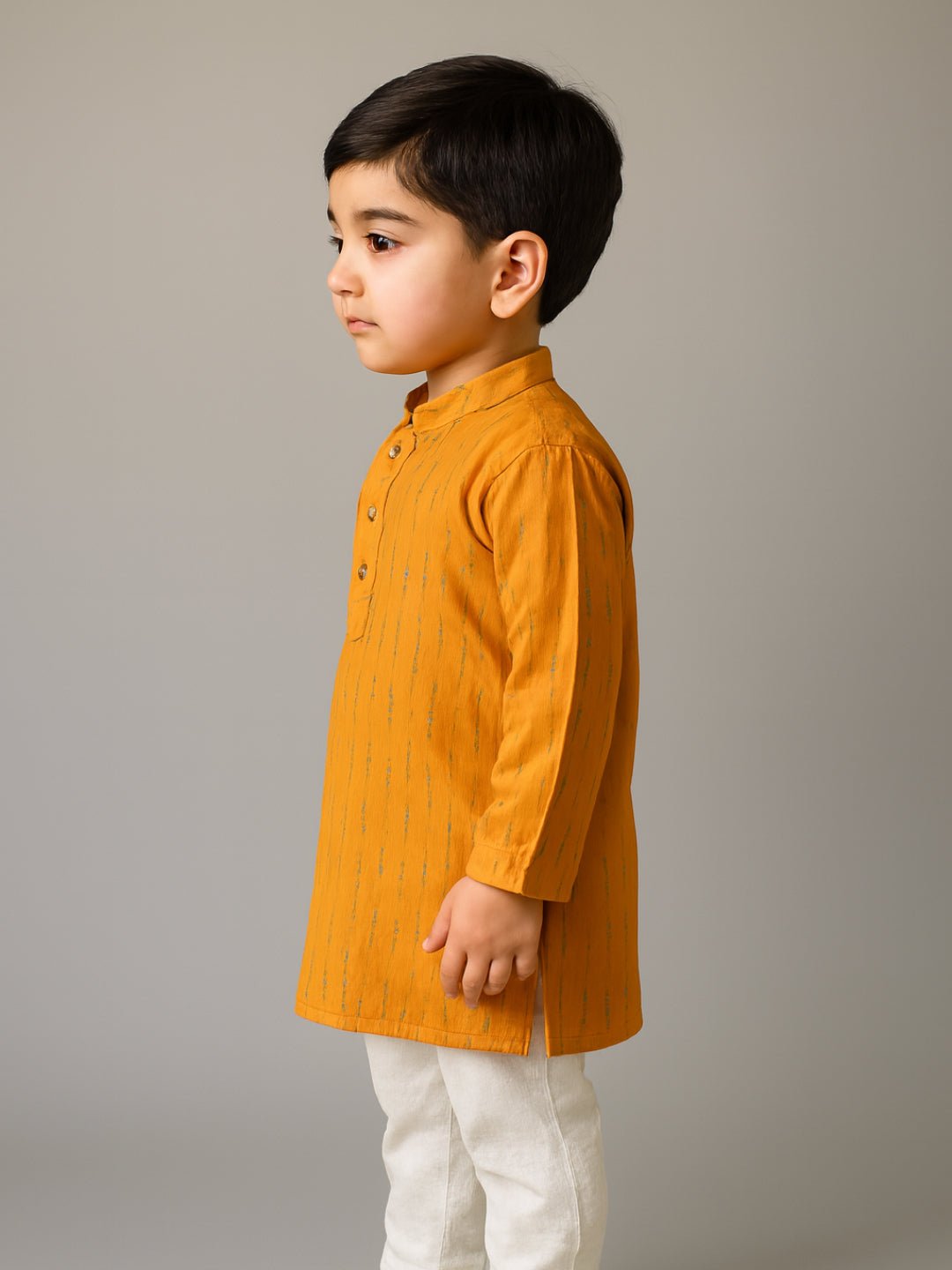Boys Printed Mandarin Collar Yellow Full Sleeve Kurta Set 6–18M – Kids Ethnic Sets on Brown Living™. SKU: BLP-KPF-YL_6-12M. Img 2.