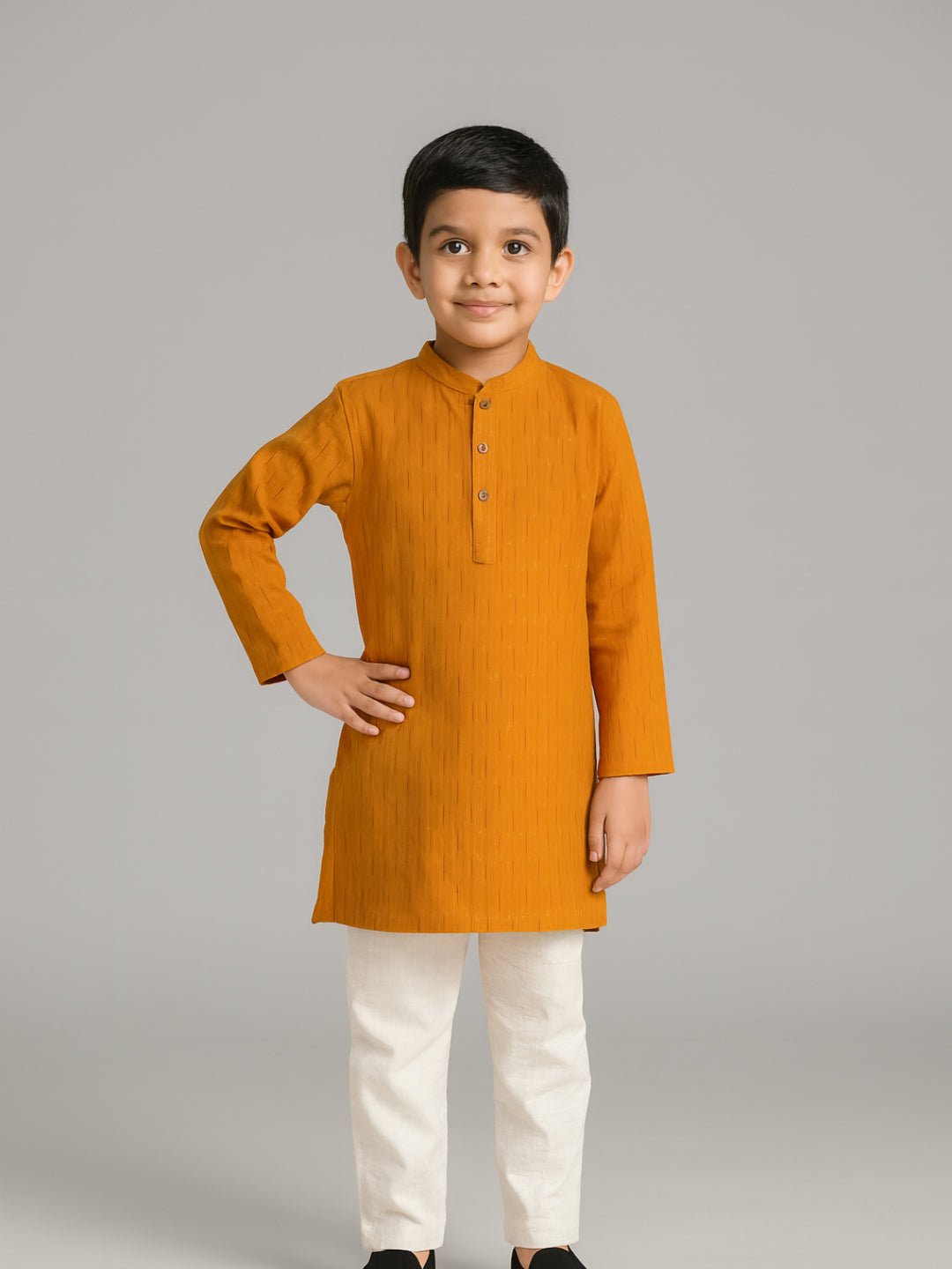 Boys Printed Mandarin Collar Yellow Full Sleeve Kurta Set – Kids Ethnic Footwear on Brown Living™. SKU: BLP-KPF-YL_2-3Y. Img 3.