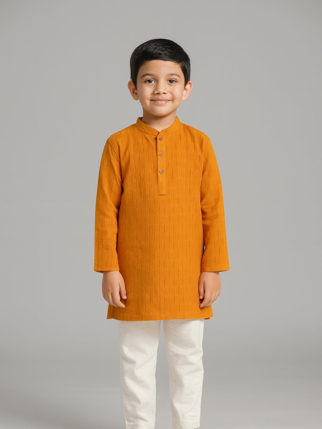 Boys Printed Mandarin Collar Yellow Full Sleeve Kurta Set – Kids Ethnic Footwear on Brown Living™. SKU: BLP-KPF-YL_2-3Y. Img 1.