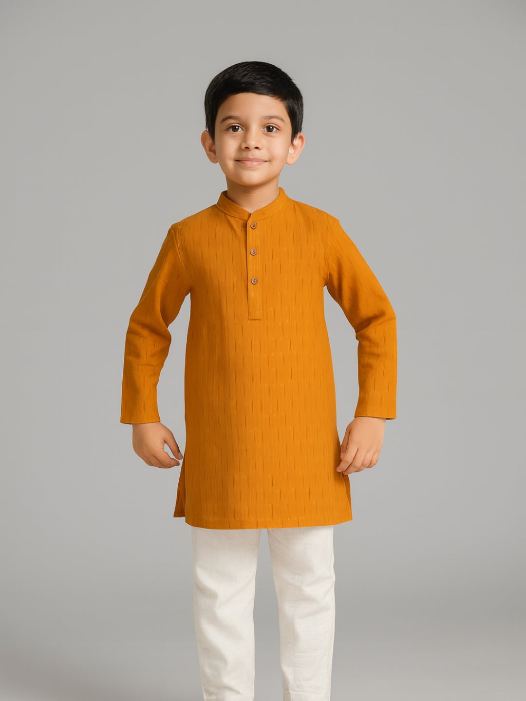 Boys Printed Mandarin Collar Yellow Full Sleeve Kurta Set – Kids Ethnic Footwear on Brown Living™. SKU: BLP-KPF-YL_2-3Y. Img 2.