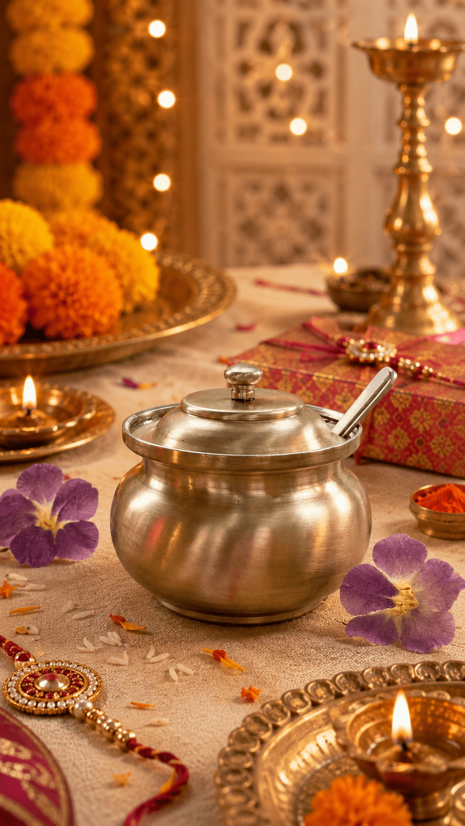 Brass Ghee Pot with Tin Coating | Traditional Indian Kitchenware – Kitchen Tools on Brown Living™. SKU: BGP. Img 1.