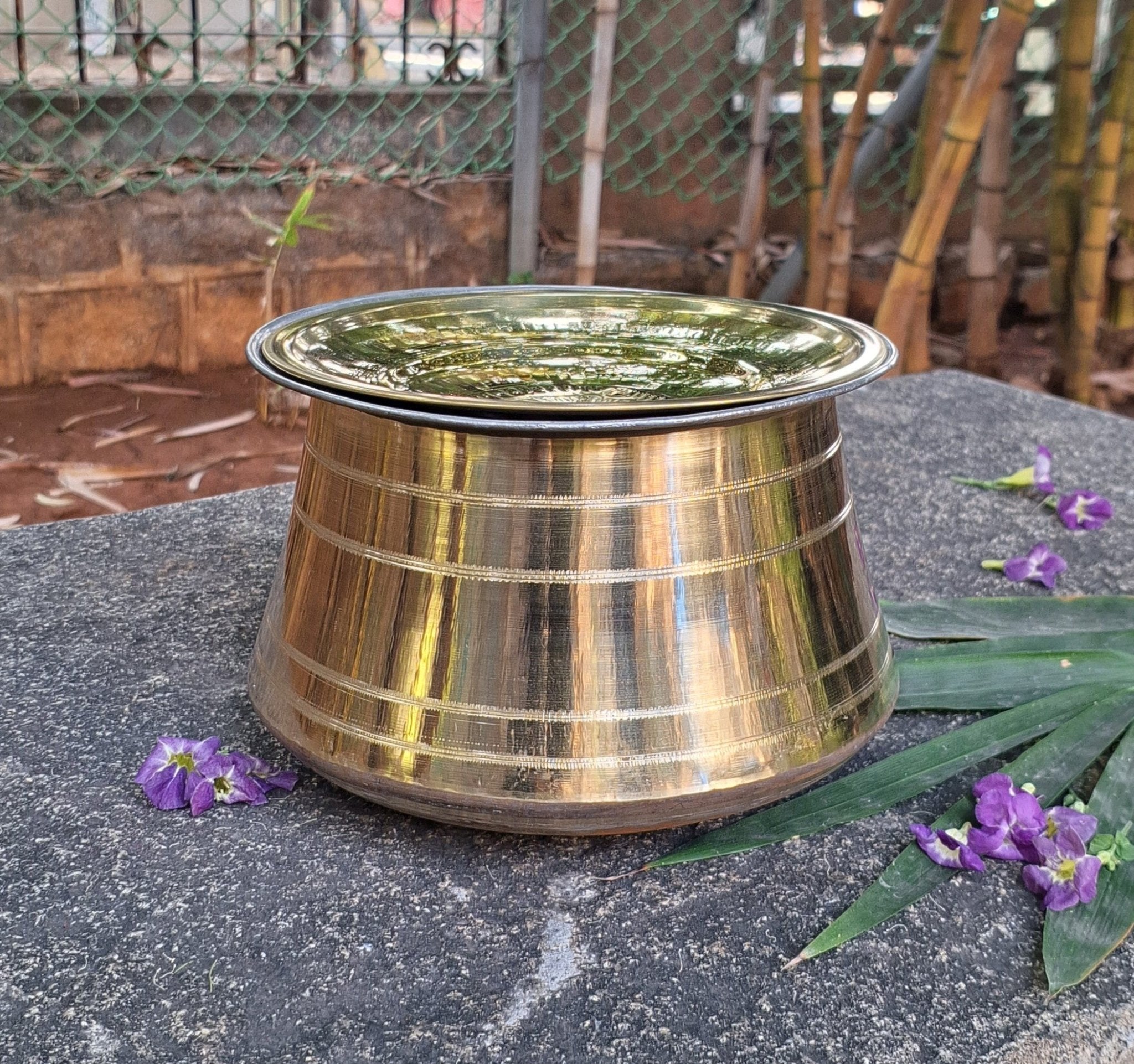 Brass Rice Pot Handi Patila with Filter Lid | Tin Coated Cookware – Kitchen Tools on Brown Living™. SKU: BRP. Img 3.