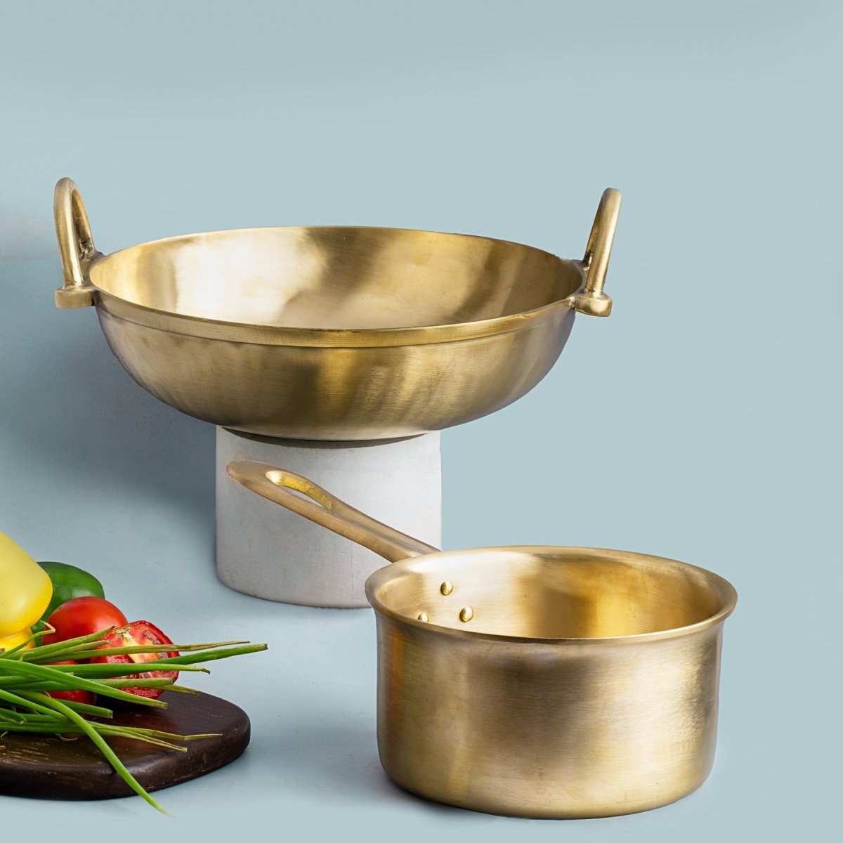Bronze/ Kansa Handmade Combo (Kadai + Milk Sauce Pan) – Cookware on Brown Living™. SKU: Bronze/Kansa - Combo - 3300g - packof2. Img 1.