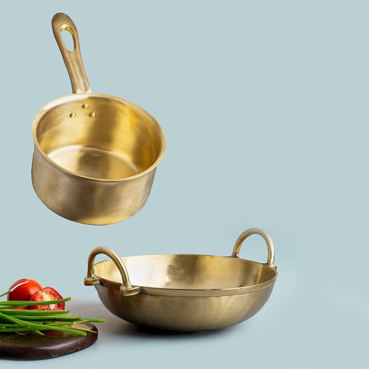 Bronze/ Kansa Handmade Combo (Kadai + Milk Sauce Pan) – Cookware on Brown Living™. SKU: Bronze/Kansa - Combo - 3300g - packof2. Img 2.