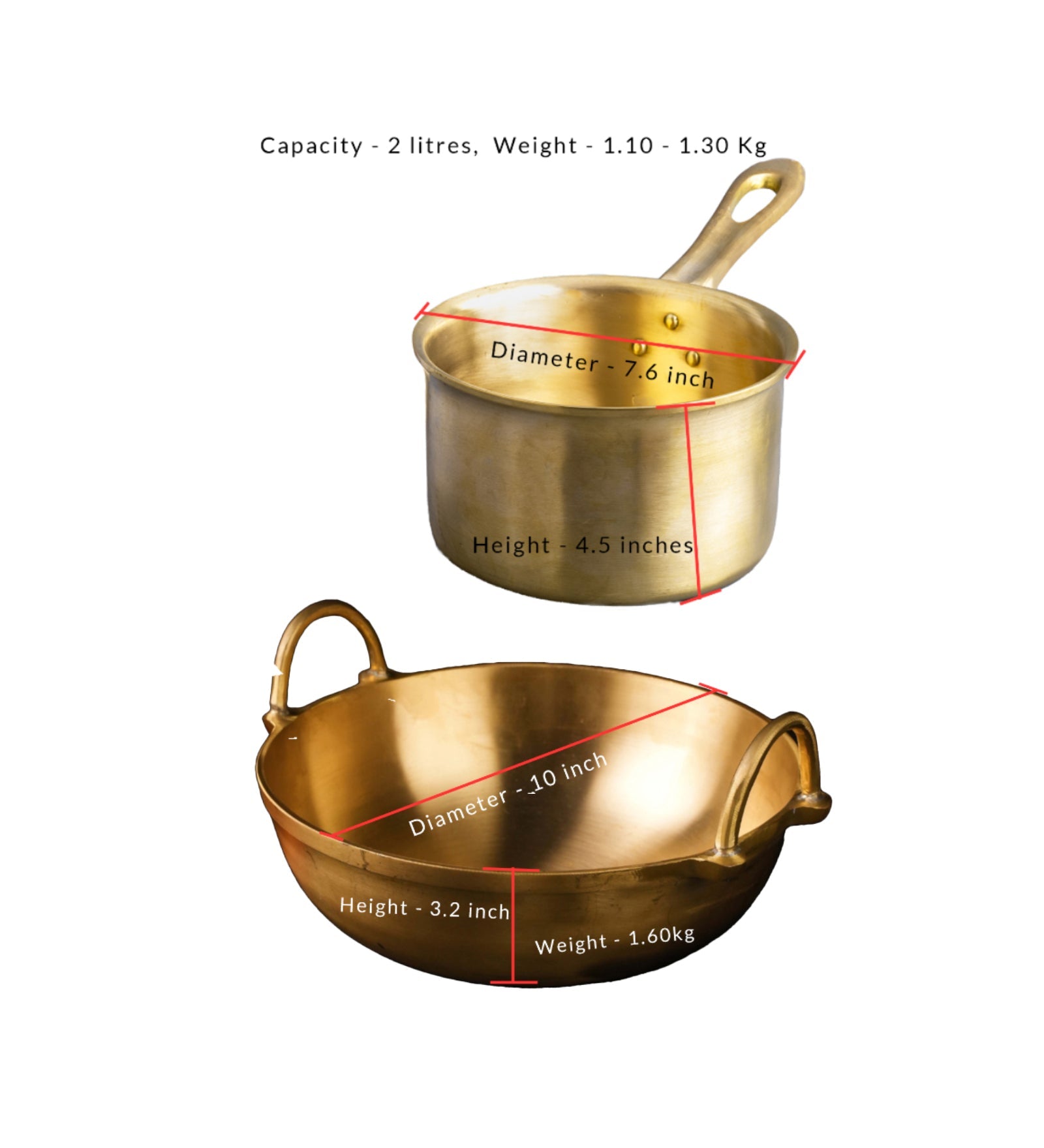 Bronze/ Kansa Handmade Combo (Kadai + Milk Sauce Pan) – Cookware on Brown Living™. SKU: Bronze-Kadai-Saucepan-Combo-3300g-packof. Img 3.