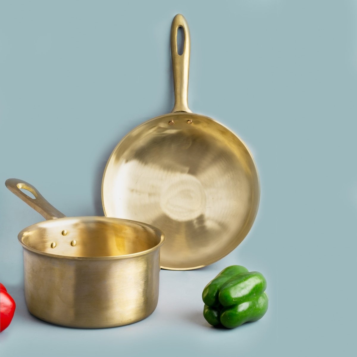 Bronze/ Kansa Handmade Combo (Saucepan + Sautépan) – Cookware on Brown Living™. SKU: Bronze/Kansa - Combo - 2500g - packof2. Img 1.