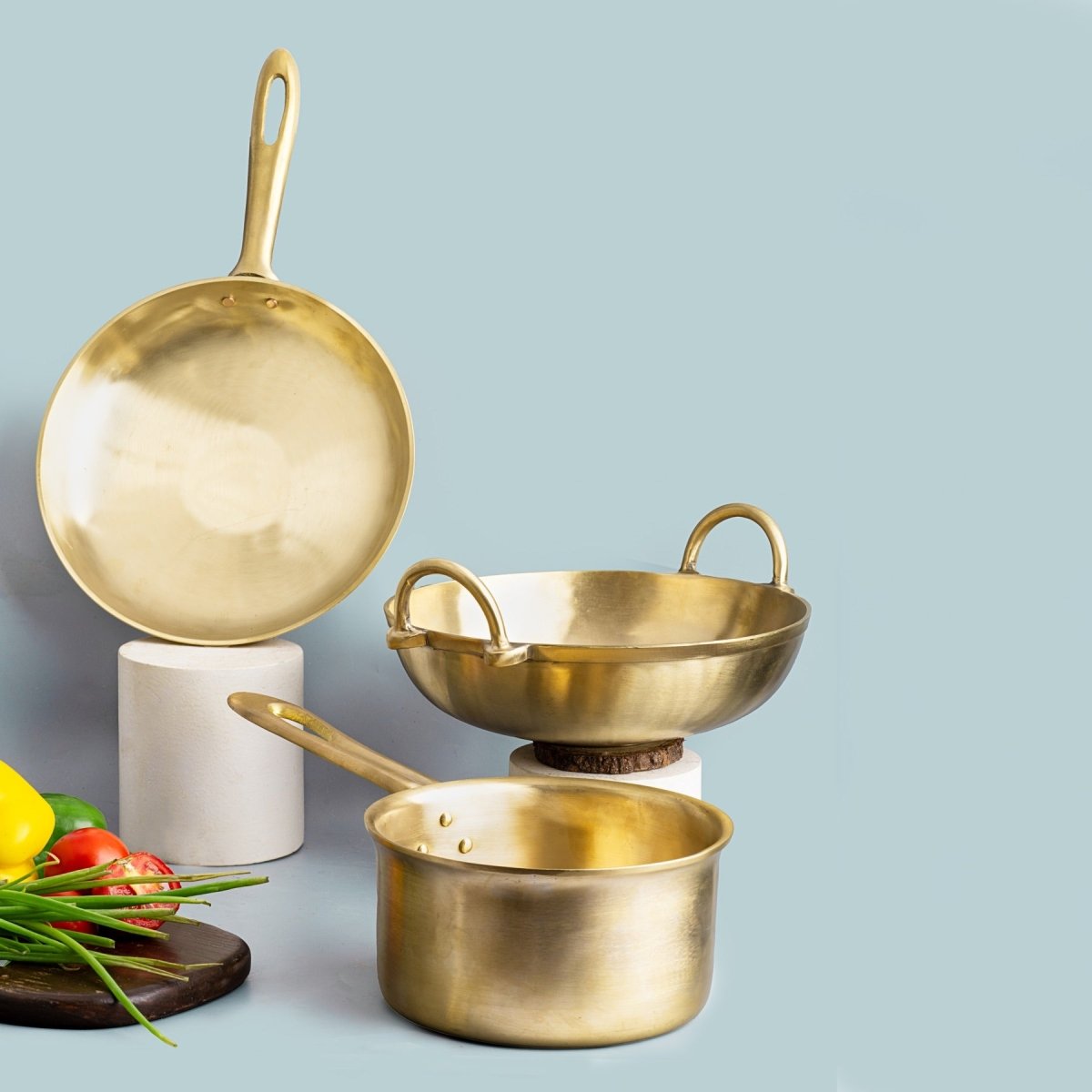 Bronze/ Kansa Handmade Family Combo (Kadai+ Sauté Pan+ Sauce Pan) – Cookware on Brown Living™. SKU: Family Bronze/Kansa Combo - 4300g - packof3. Img 2.