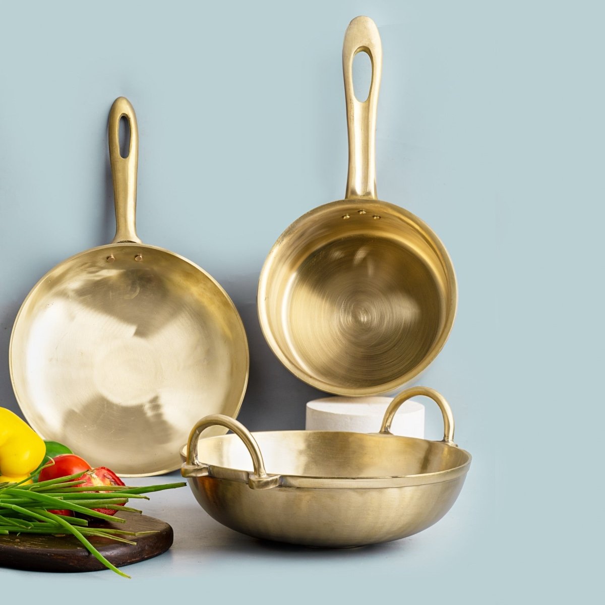 Bronze/ Kansa Handmade Family Combo (Kadai+ Sauté Pan+ Sauce Pan) – Cookware on Brown Living™. SKU: Family Bronze/Kansa Combo - 4300g - packof3. Img 1.
