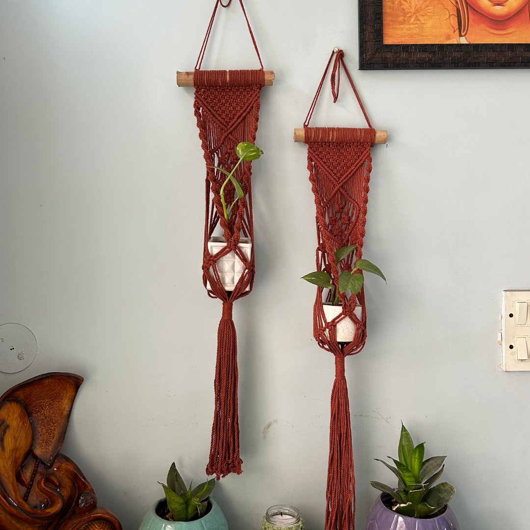 Brown Macrame Plant Holder - Set of 2 – Pots & Planters on Brown Living™. SKU: SAR124. Img 1.