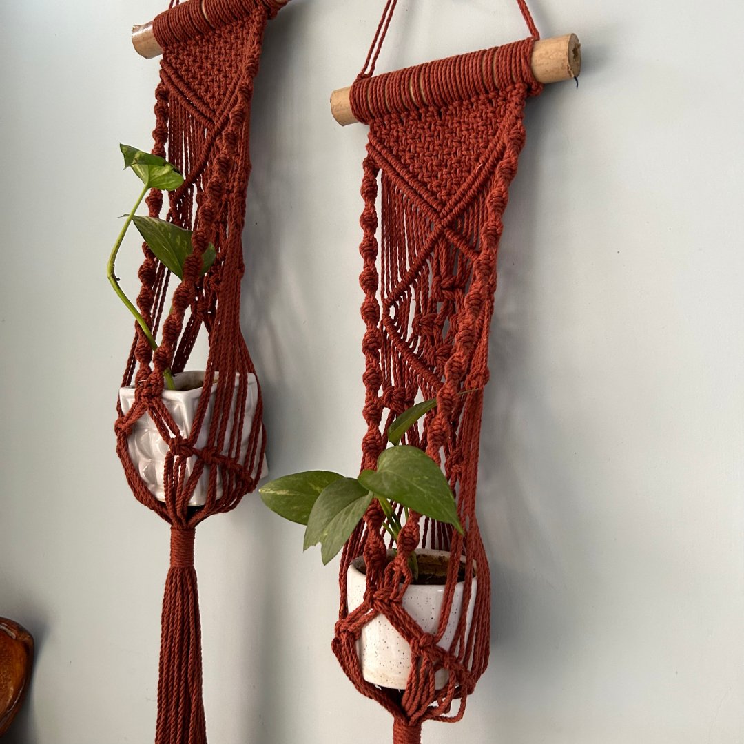 Brown Macrame Plant Holder - Set of 2 – Pots & Planters on Brown Living™. SKU: SAR124. Img 2.
