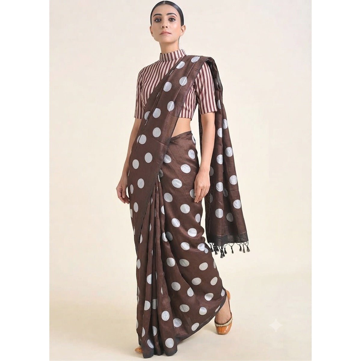 Brown polka 100% Natural Mulberry Silk Saree – Womens Saree on Brown Living™. SKU: NAESA24. Img 2.