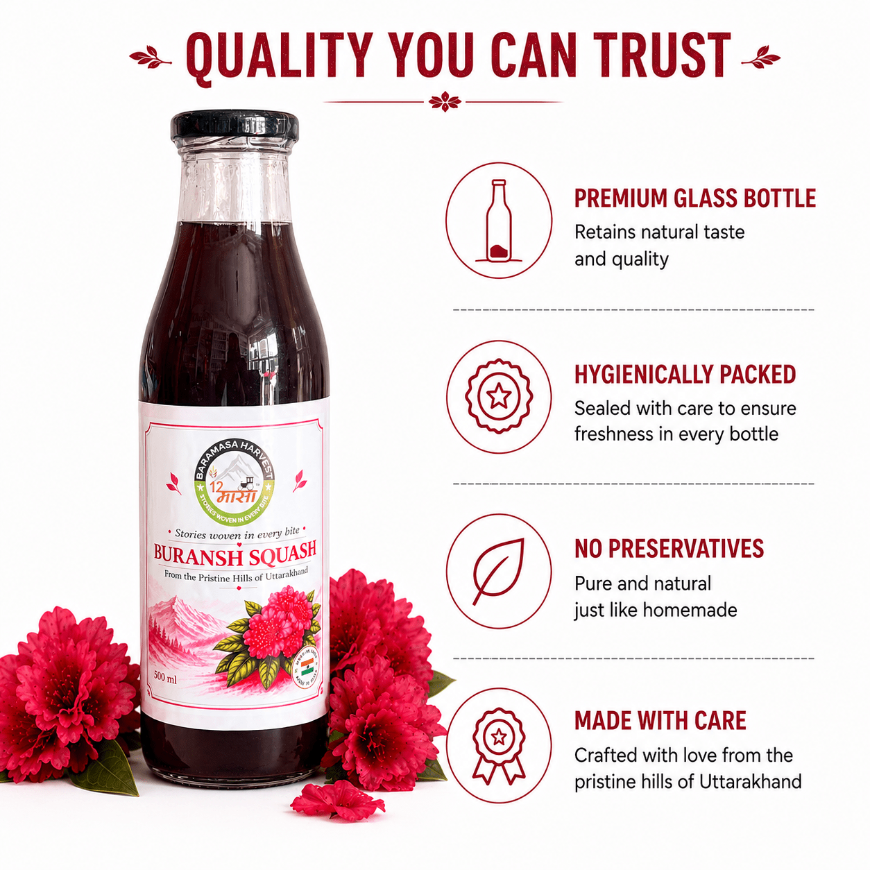 Buransh Squash | Rhododendron Flower Squash | Natural Fruit Drink – Fruit Juices, Drinks & Concentrates on Brown Living™. SKU: BH-BURANSH-SQ-001. Img 4.