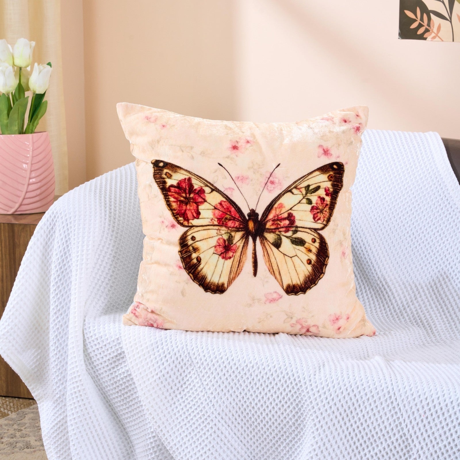 Butterfly Bloom Cotton Velvet Cushion – Pillow on Brown Living™. SKU: TEE-25724. Img 1.