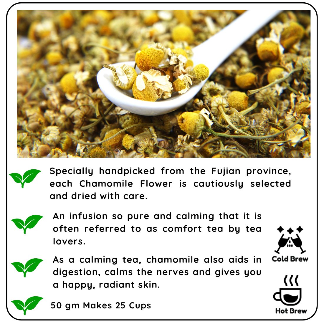 CALMING Chamomile Flower Decaf Tisane - A Tea for Sleep and Serenity – Tea by Radhikas Fine Teas and Whatnots available on Brown Living™. . SKU: 224 - 13911 - 8903555800304. Img 1.