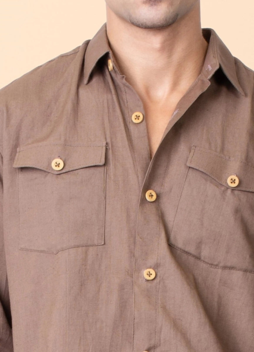 Canyon – Sustainable Cotton Linen Unisex Shirt with Flap Pockets – Men Shirt by Phuhar's available on Brown Living™. Brown Xs. SKU: pH1561. Img 4.