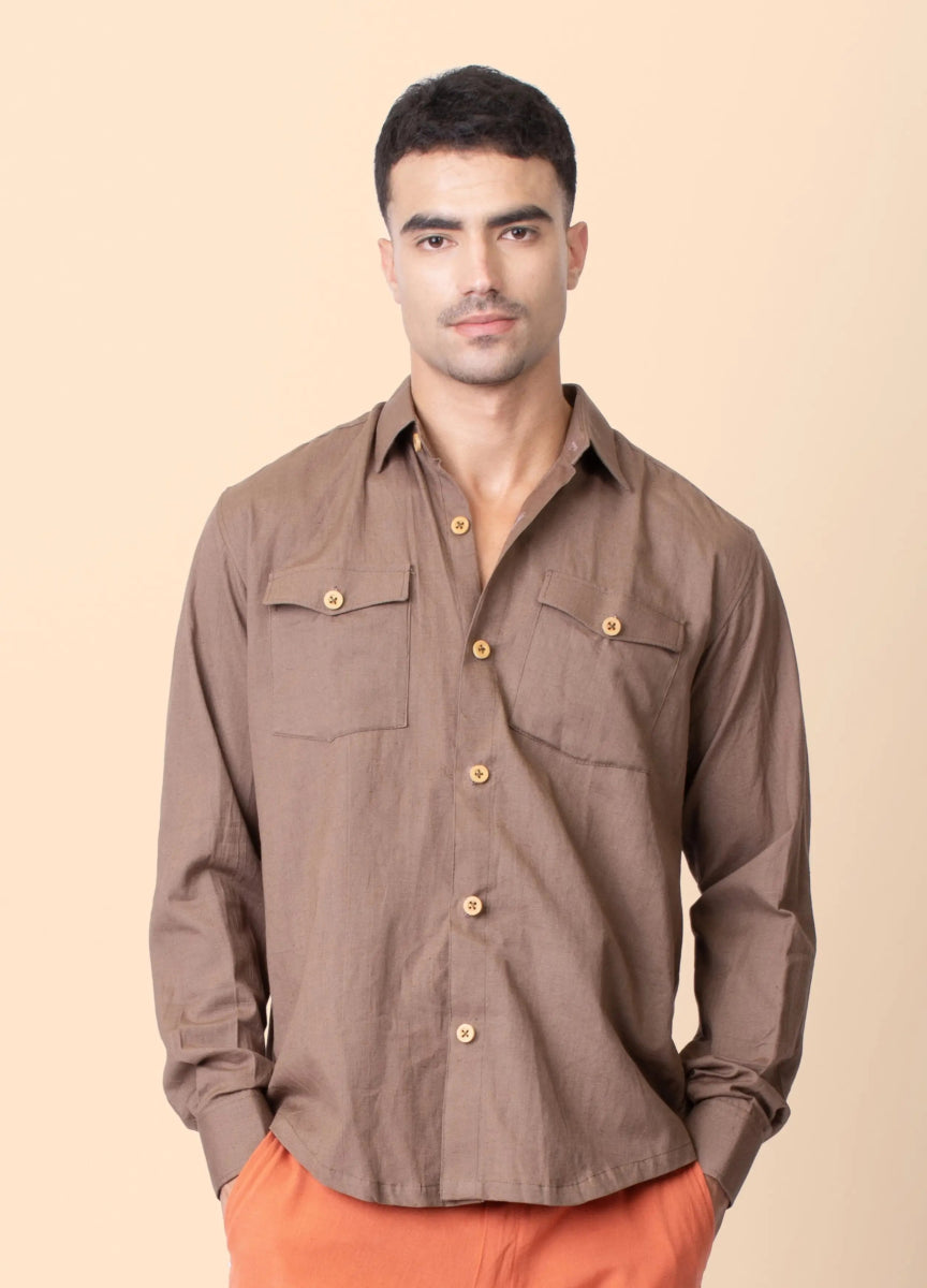 Canyon – Sustainable Cotton Linen Unisex Shirt with Flap Pockets – Men Shirt by Phuhar's available on Brown Living™. Brown Xs. SKU: pH1561. Img 1.
