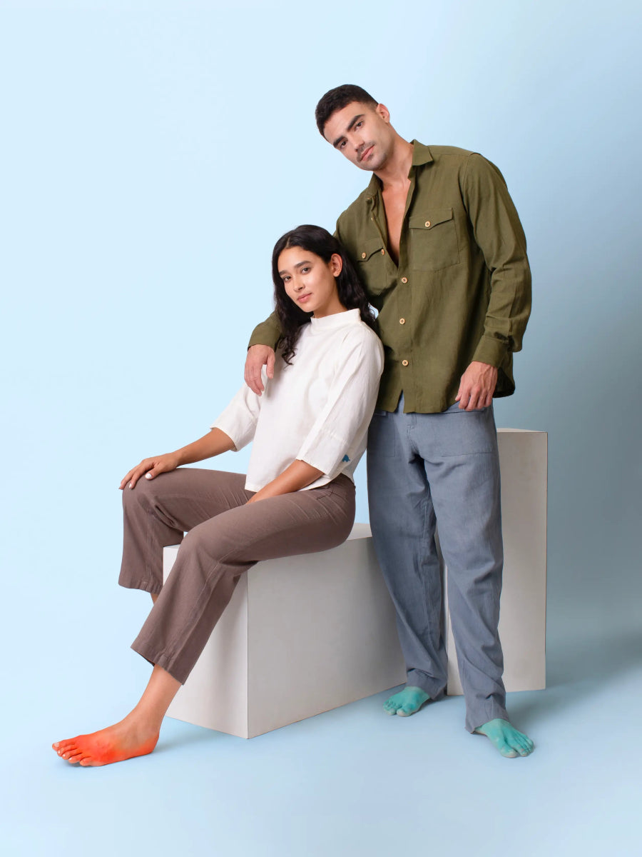 Canyon – Sustainable Cotton Linen Unisex Shirt with Flap Pockets – Men Shirt by Phuhar's available on Brown Living™. Olive Xs. SKU: pH1611. Img 8.