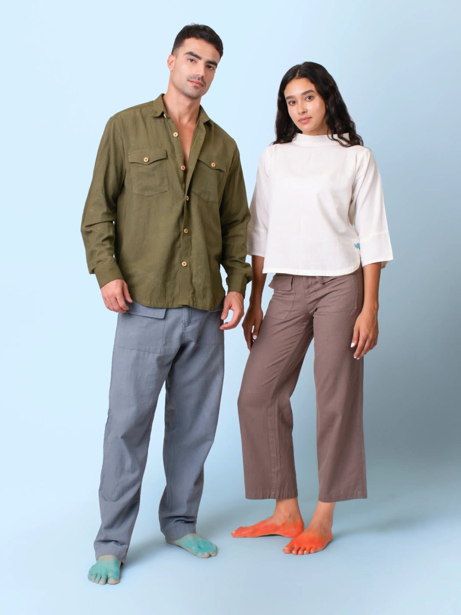 Canyon – Sustainable Cotton Linen Unisex Shirt with Flap Pockets – Men Shirt by Phuhar's available on Brown Living™. Olive Xs. SKU: pH1611. Img 6.