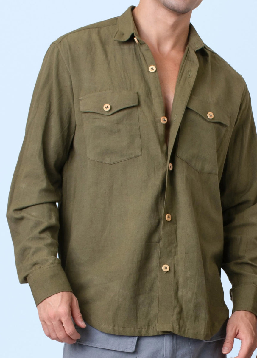 Canyon – Sustainable Cotton Linen Unisex Shirt with Flap Pockets – Men Shirt by Phuhar's available on Brown Living™. Olive Xs. SKU: pH1611. Img 5.