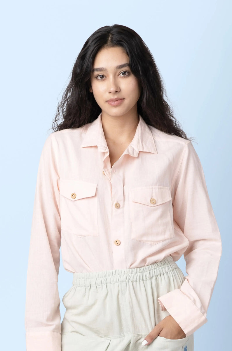 Canyon – Sustainable Cotton Linen Unisex Shirt with Flap Pockets – Men Shirt by Phuhar's available on Brown Living™. Pink Xs. SKU: pH1711. Img 9.