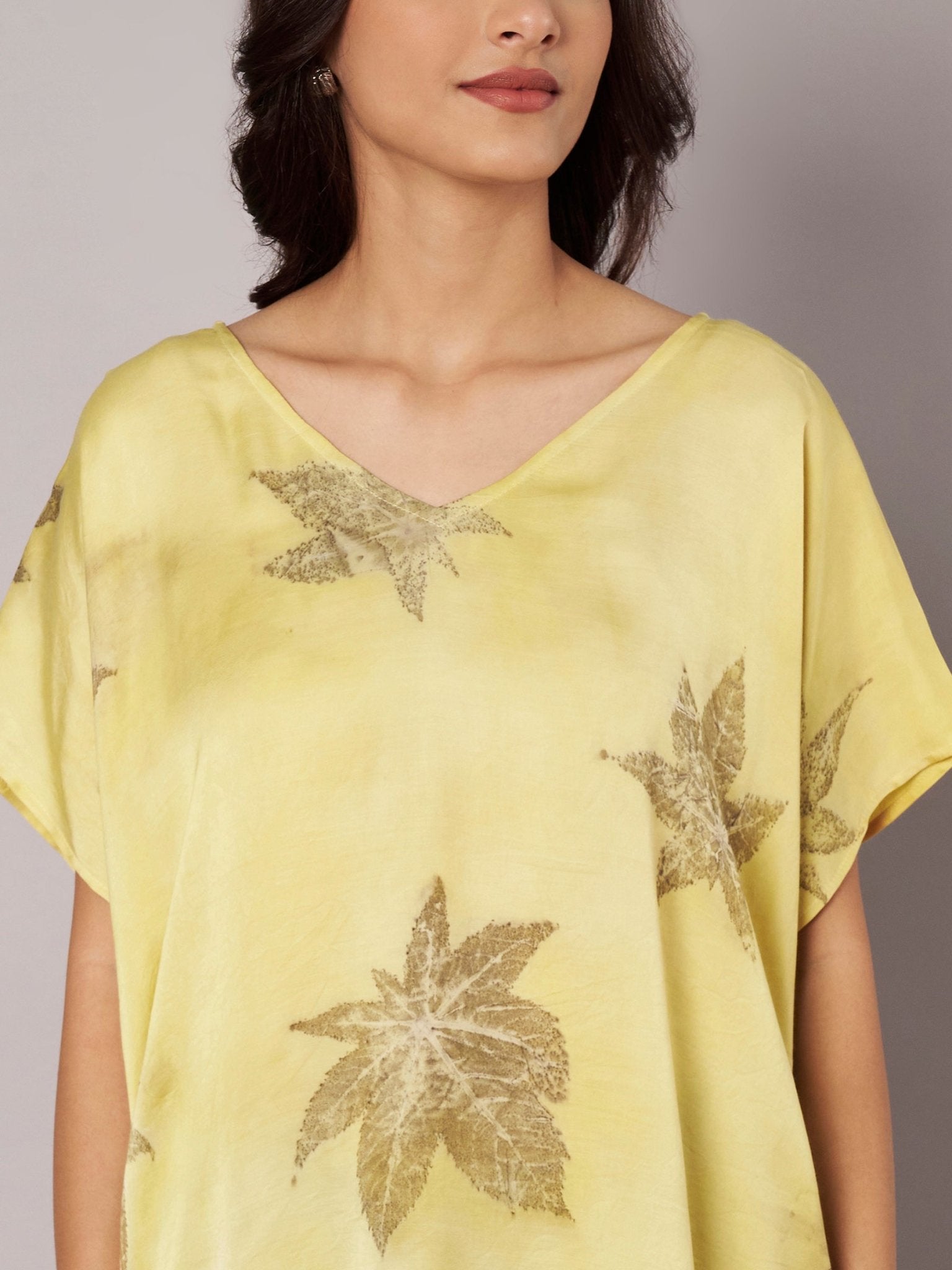 Castor Leaf Modal Satin Kaftan Top for Women – Womens Top on Brown Living™. SKU: fst5. Img 7.